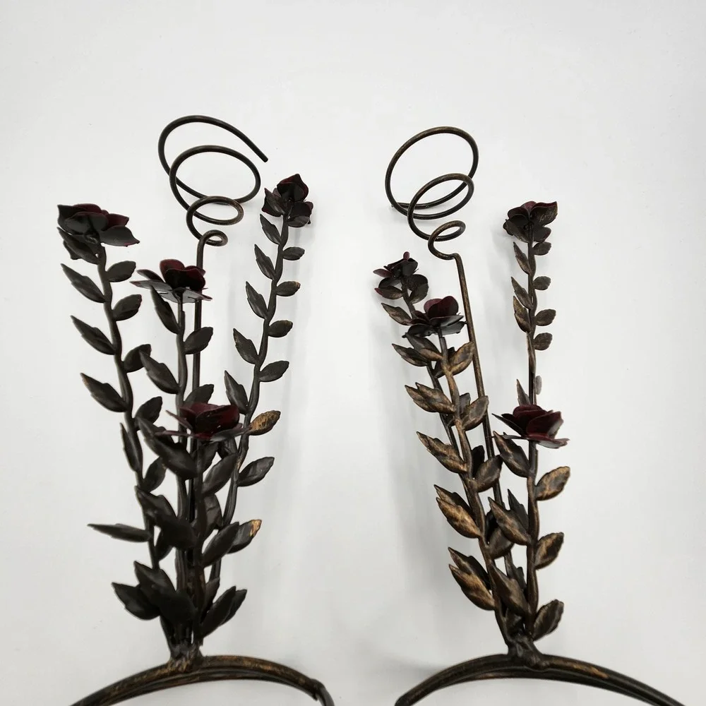 Pair Vtg Metal Rose Flower Votive Candle Holders Spiral Wire Tower Romantic Goth